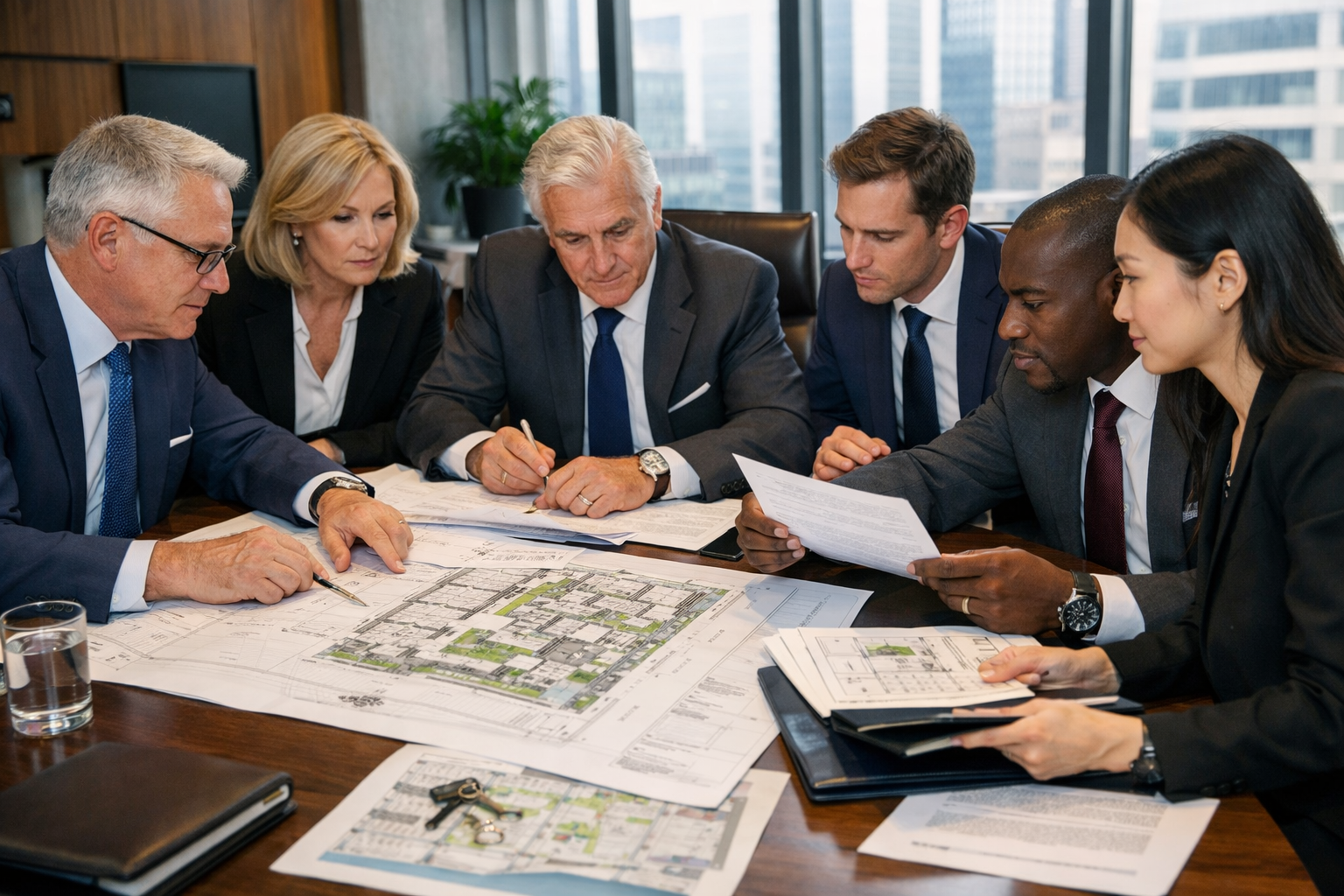 Reunión de planificación con planos de inversión comercial en Panamá